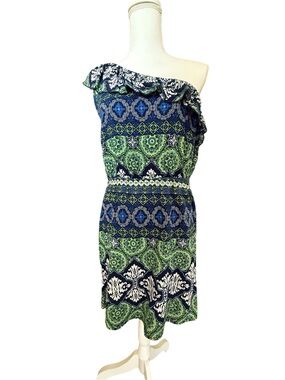 One-Shoulder Blue & Green Printed Ruffle Dress